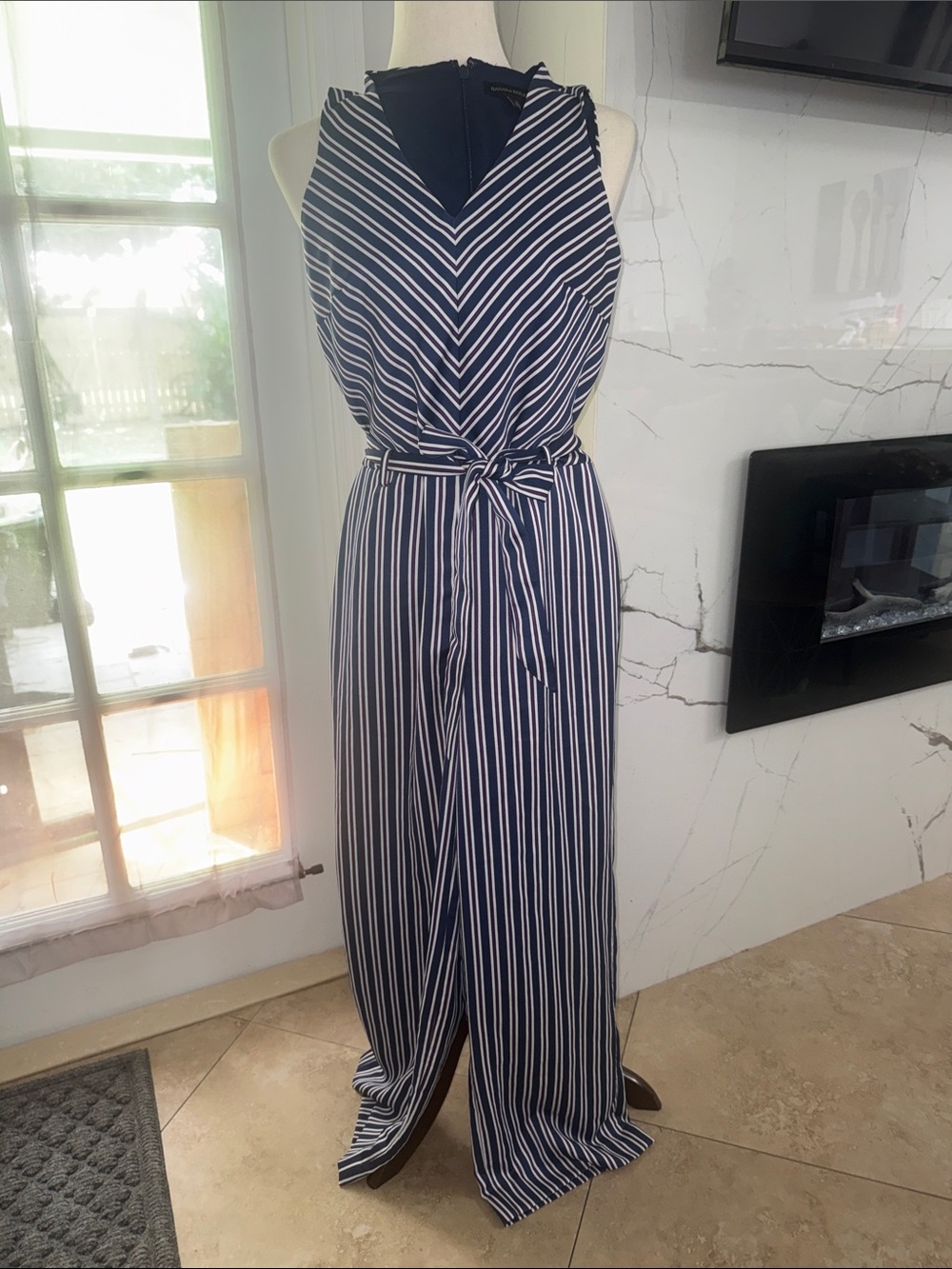 Banana Republic Navy and White Sleeveless Striped Jumpsuit with Tie Waist